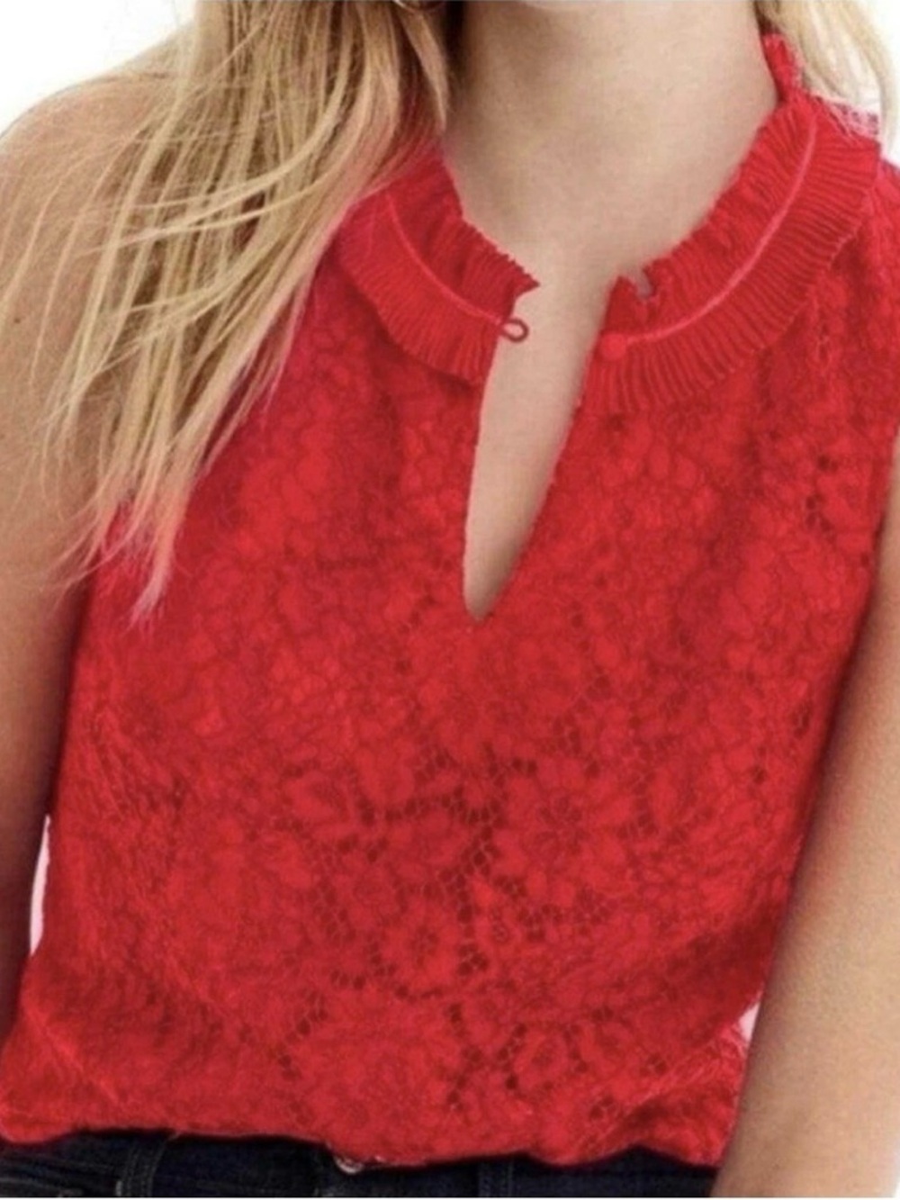 J. Crew Red Lace Ruffled Neck Shell - Picture 7 of 7